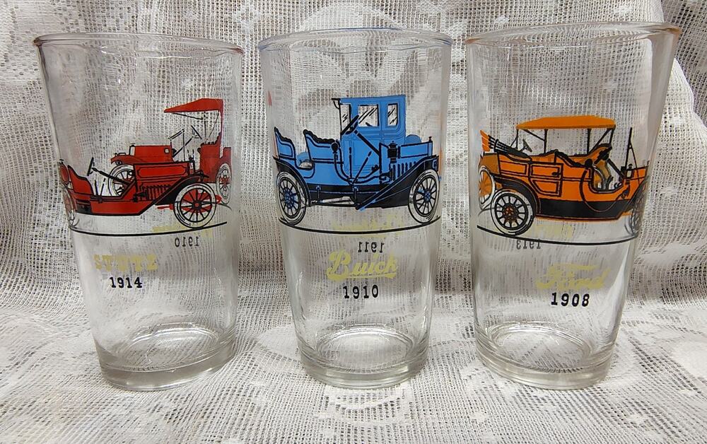 Vintage Hazel Atlas Antique Car Drinking Tumbler Glasses Set Of 3 Barware